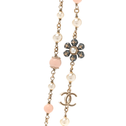 Chanel Enamel Pearl Beaded Camellia CC Long Necklace Gold Pink 4 of 5
