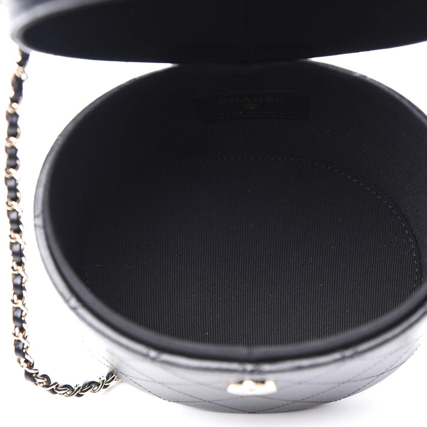 Lambskin Quilted Round Vanity Case With Chain Black