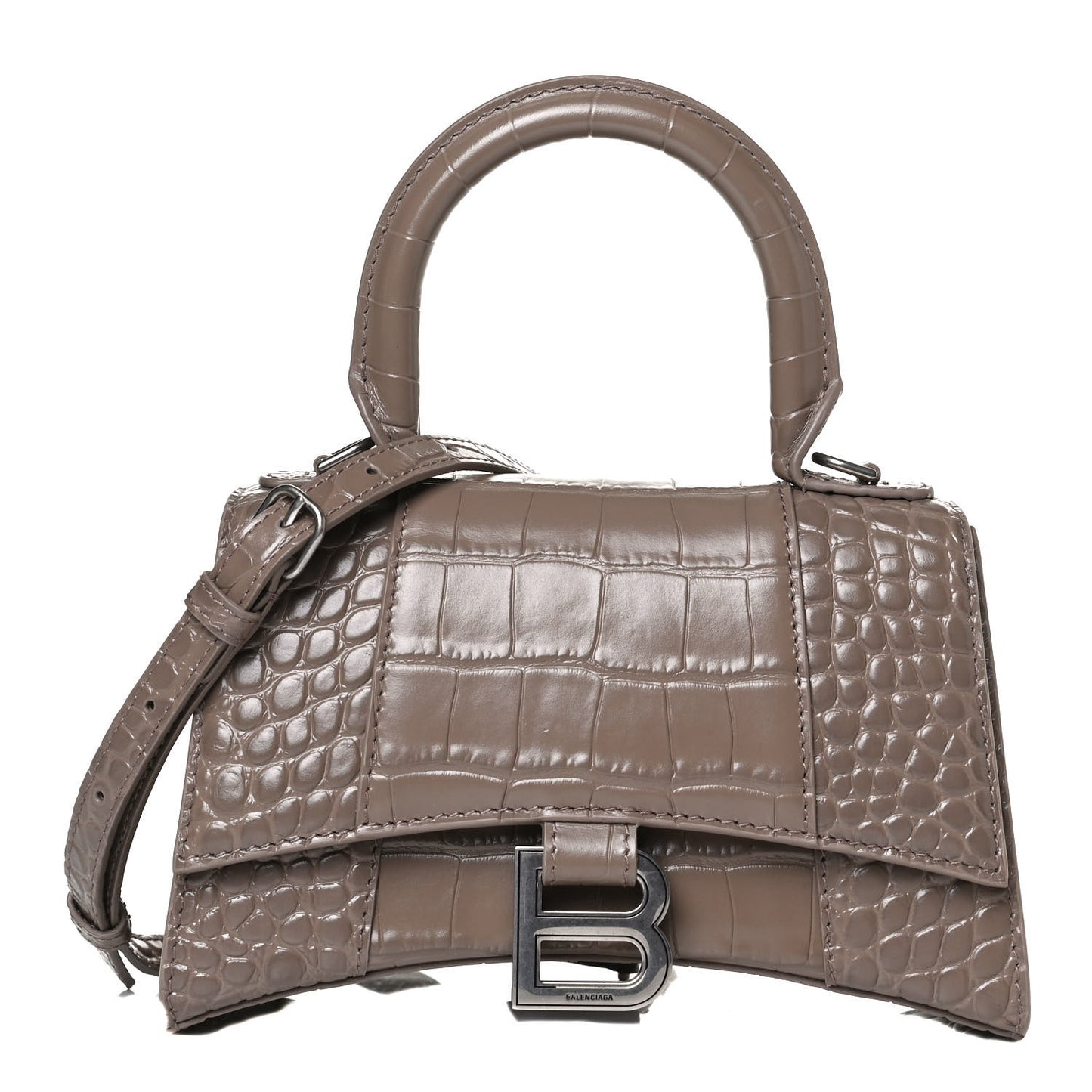 Shiny Calfskin Crocodile Embossed Hourglass Top Handle Bag XS Mink Grey