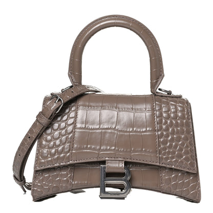 Balenciaga Shiny Calfskin Crocodile Embossed Hourglass Top Handle Bag XS Mink Grey 1 of 13