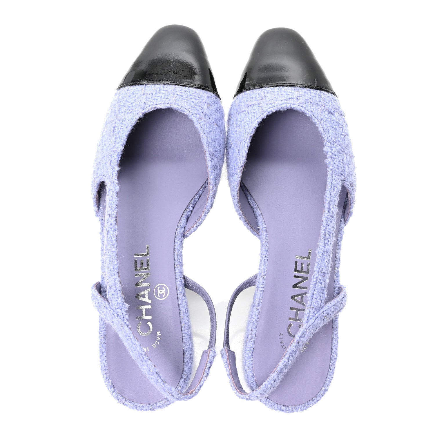Chanel Iridescent Wool Tweed Patent Cap Toe CC Slingback Flats 36 Light Purple Silver Black 2 of 9