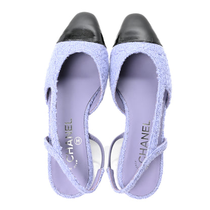 Chanel Iridescent Wool Tweed Patent Cap Toe CC Slingback Flats 36 Light Purple Silver Black 2 of 9