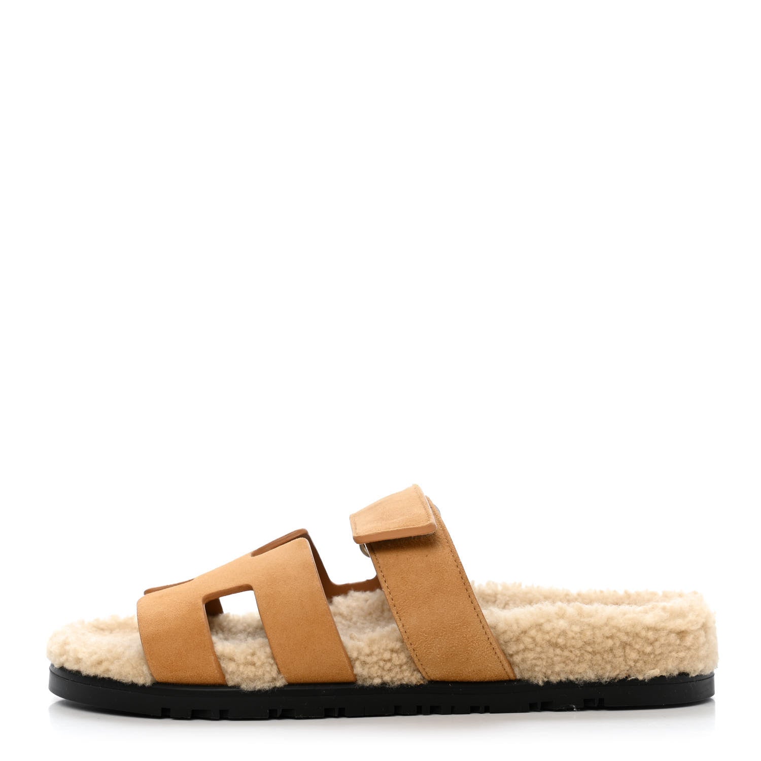 Hermes Suede Goatskin Woolskin Womens Chypre Sandals 38.5 Golden Beige 1 of 4