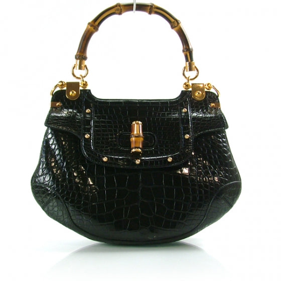 Alligator Bamboo Handle Large Peggy Bag Black