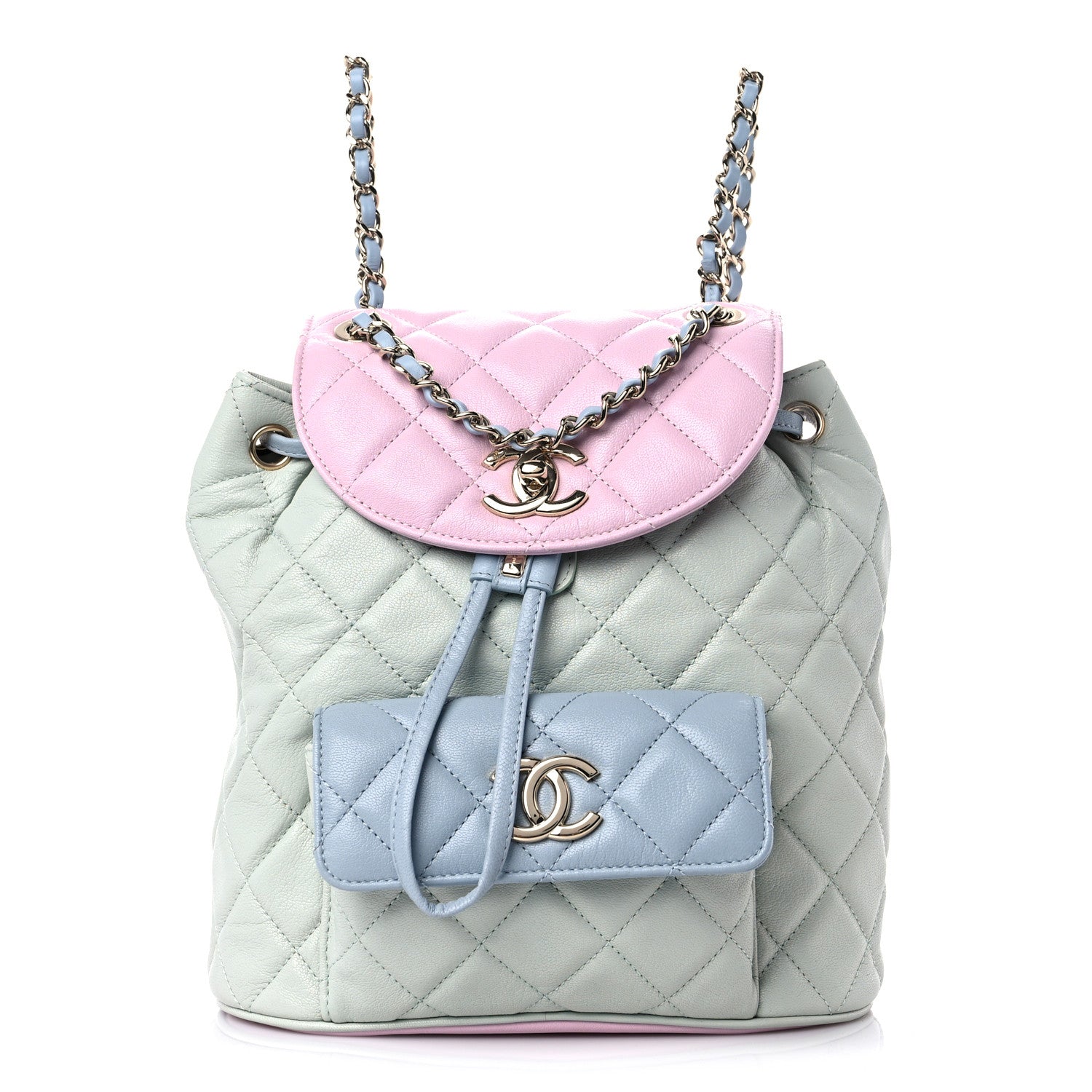 Chanel Goatskin Quilted Duma Drawstring Backpack Green Blue Pink 1 of 11