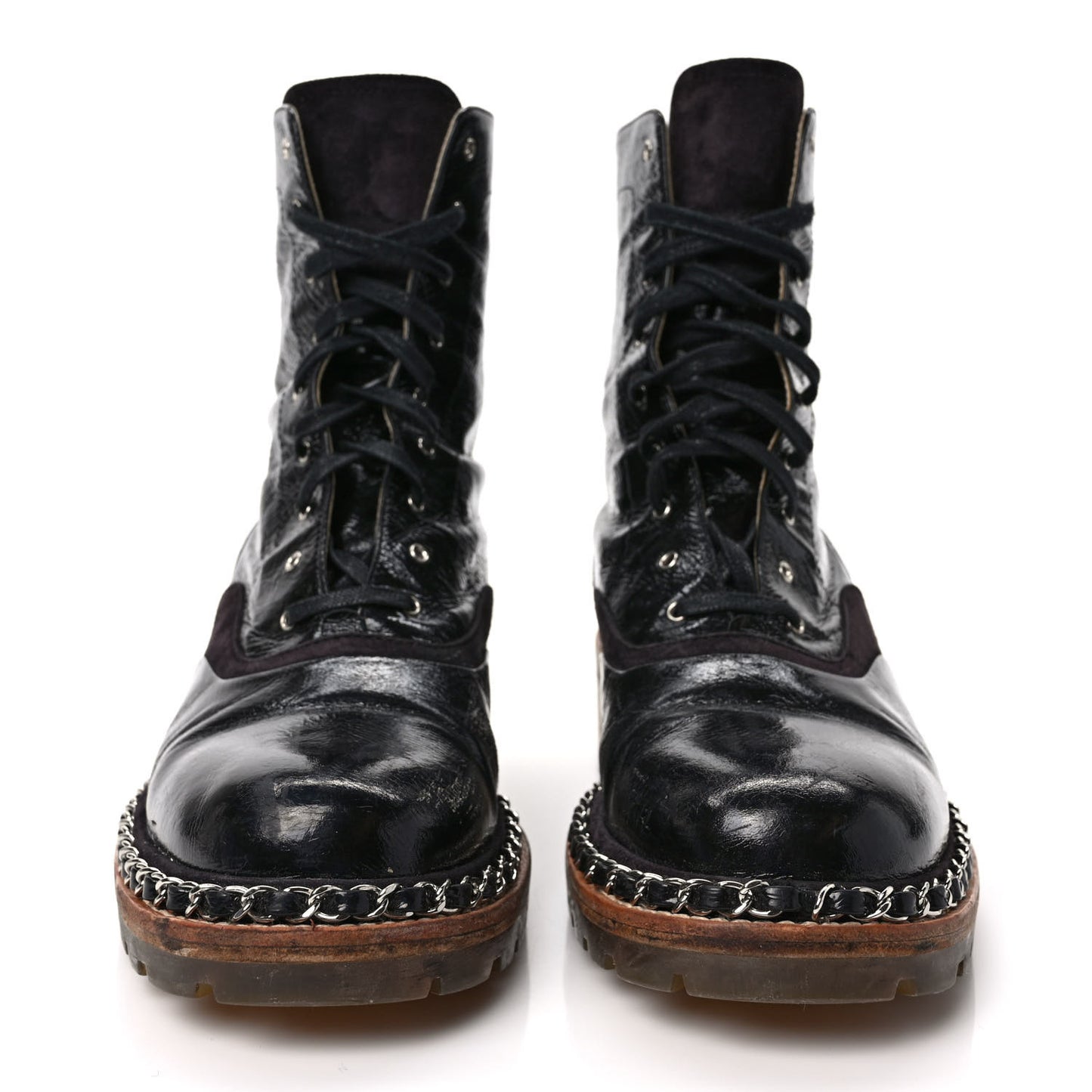 Patent Lace Up Chain Boots 40 Black