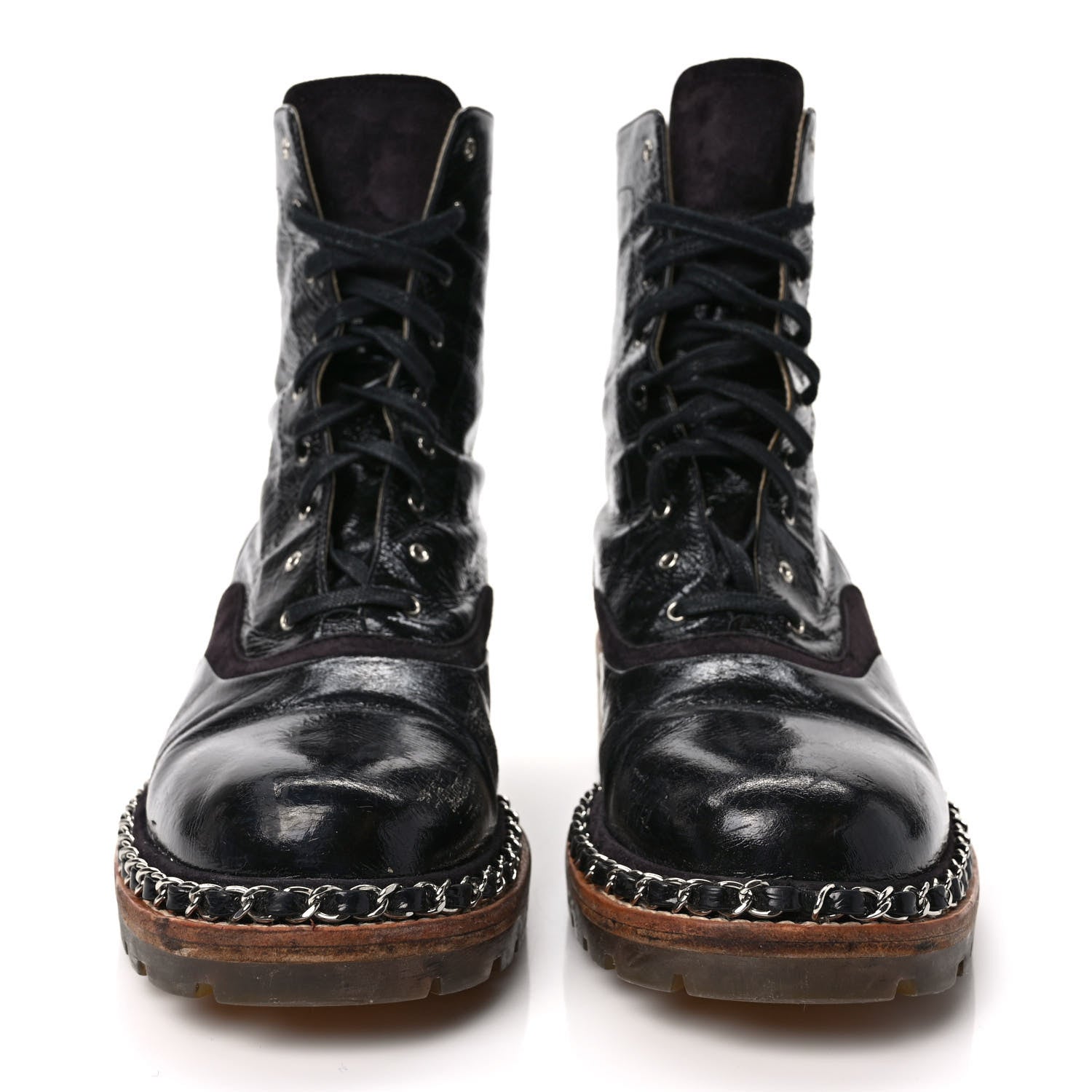 Chanel Patent Lace Up Chain Boots 40 Black 2 of 9