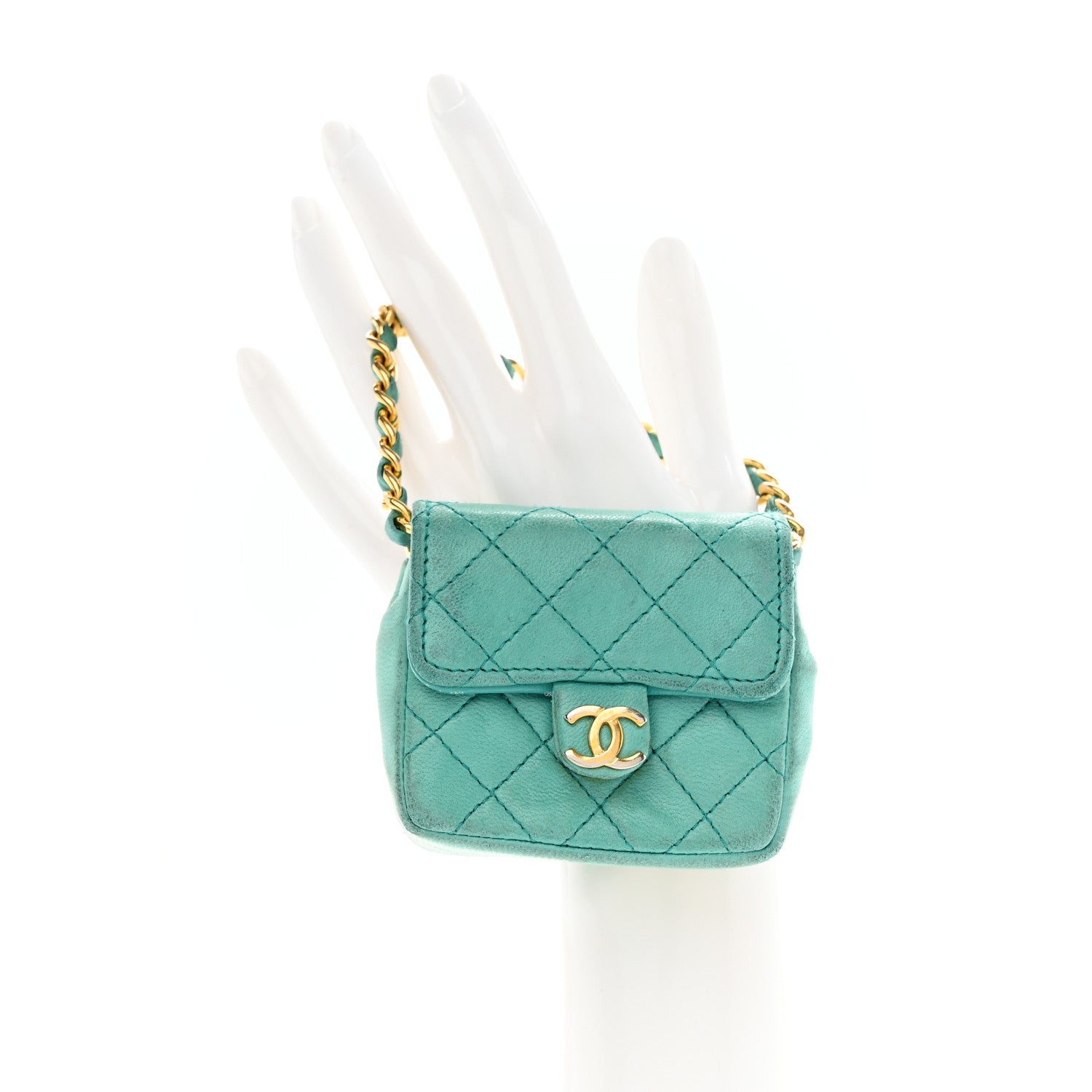 Chanel Lambskin Quilted Mini Pouch Bag Charm Keychain Turquoise 2 of 13