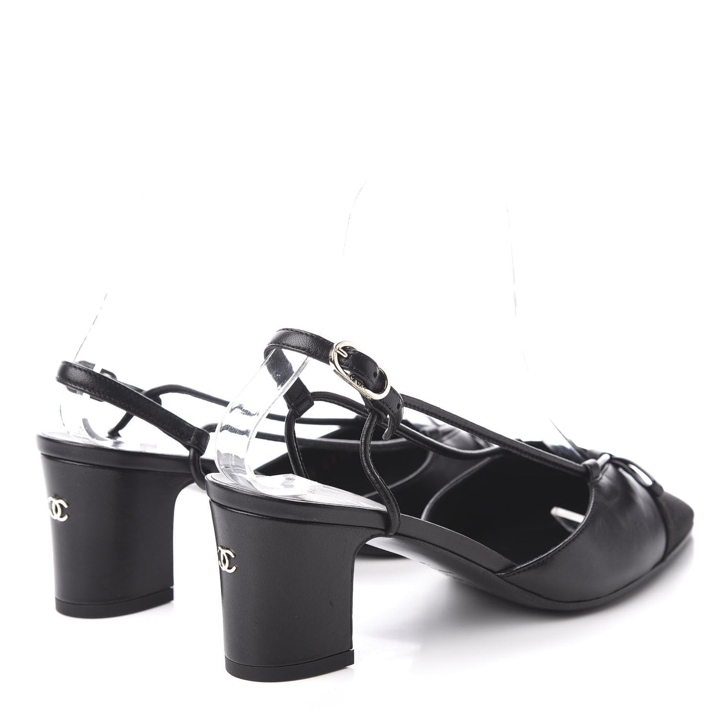 Lambskin Satin Slingback Cap Toe Bow Pumps 35.5 Black