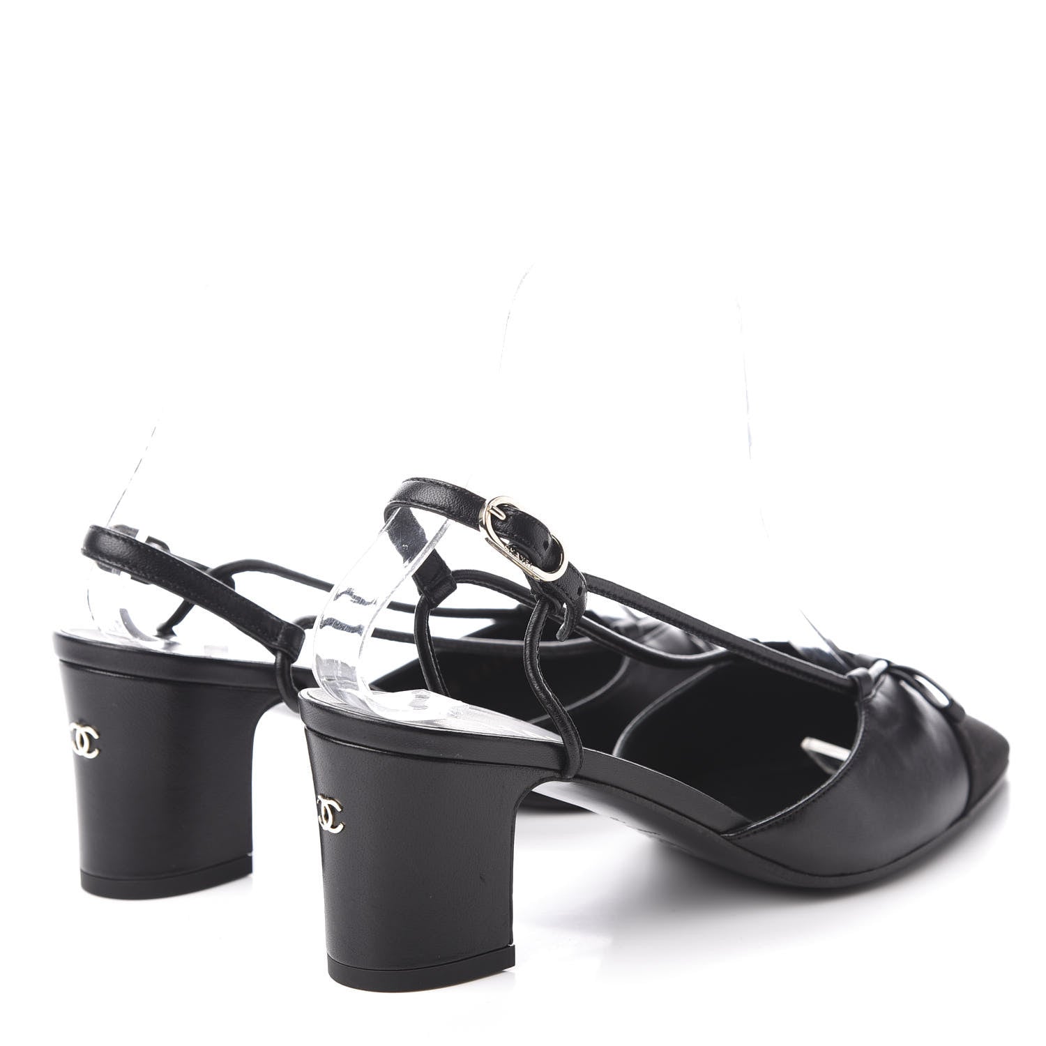 Chanel Lambskin Satin Slingback Cap Toe Bow Pumps 35.5 Black 4 of 11