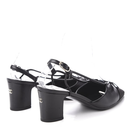 Chanel Lambskin Satin Slingback Cap Toe Bow Pumps 35.5 Black 4 of 11