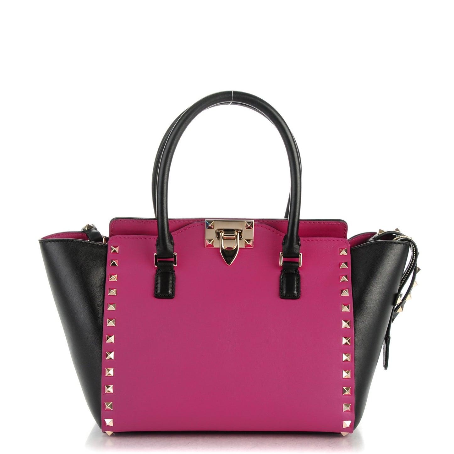 Vitello Bi-Color Small Rockstud Double Handle Tote Fuxia Black