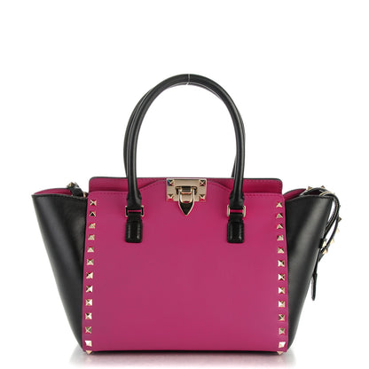 Valentino Garavani Vitello Bi-Color Small Rockstud Double Handle Tote Fuxia Black 1 of 8