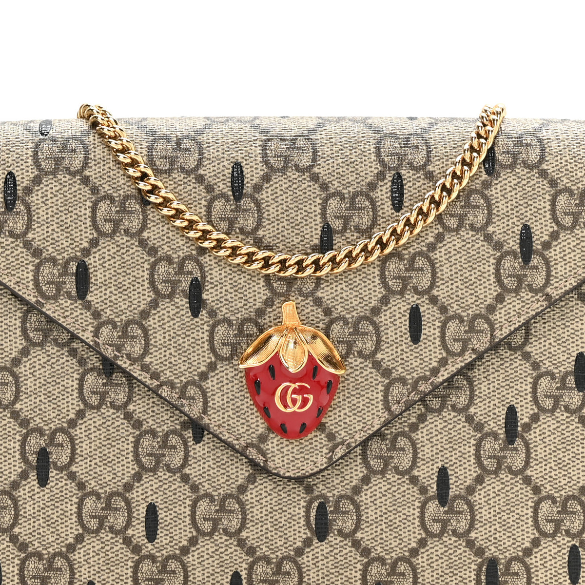 GG Supreme Monogram Strawberry Seed Textured Dollar Calfskin Enamel Double G Strawberry Wallet On Chain Beige Ebony Black New Acero Hibiscus Red
