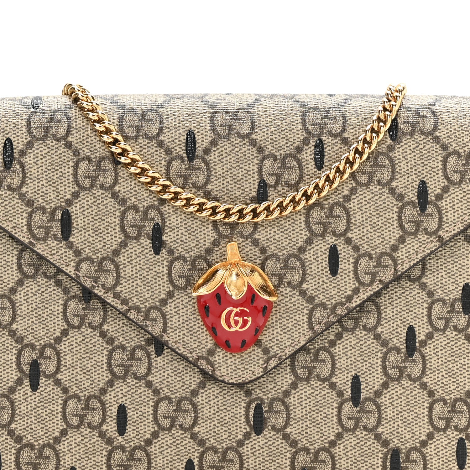 Gucci GG Supreme Monogram Strawberry Seed Textured Dollar Calfskin Enamel Double G Strawberry Wallet On Chain Beige Ebony Black New Acero Hibiscus Red 8 of 11