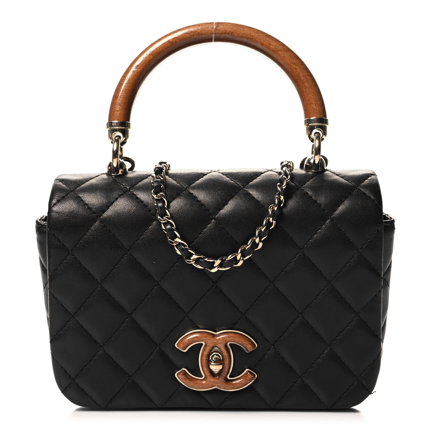 Lambskin Quilted Wood Mini Coco Handle Flap Black