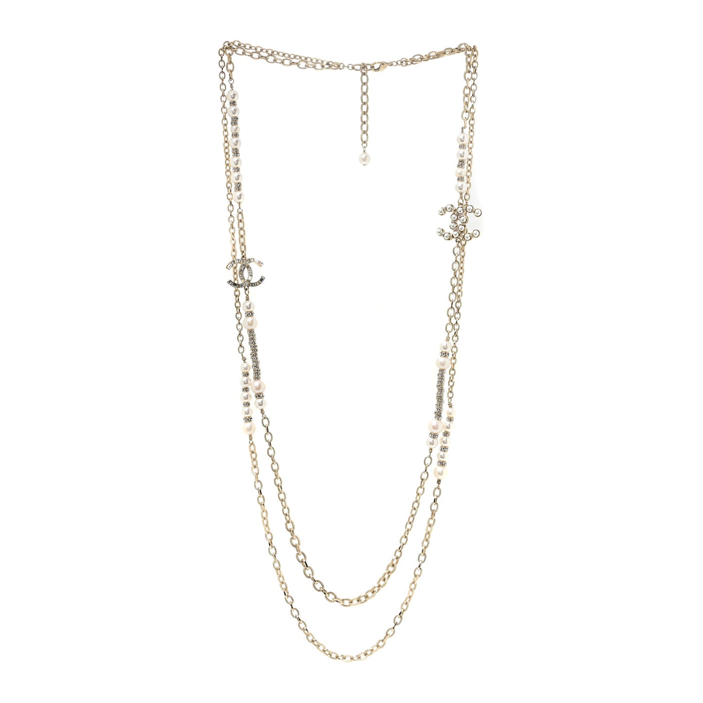 Crystal Pearl CC Long Multistrand Necklace Gold