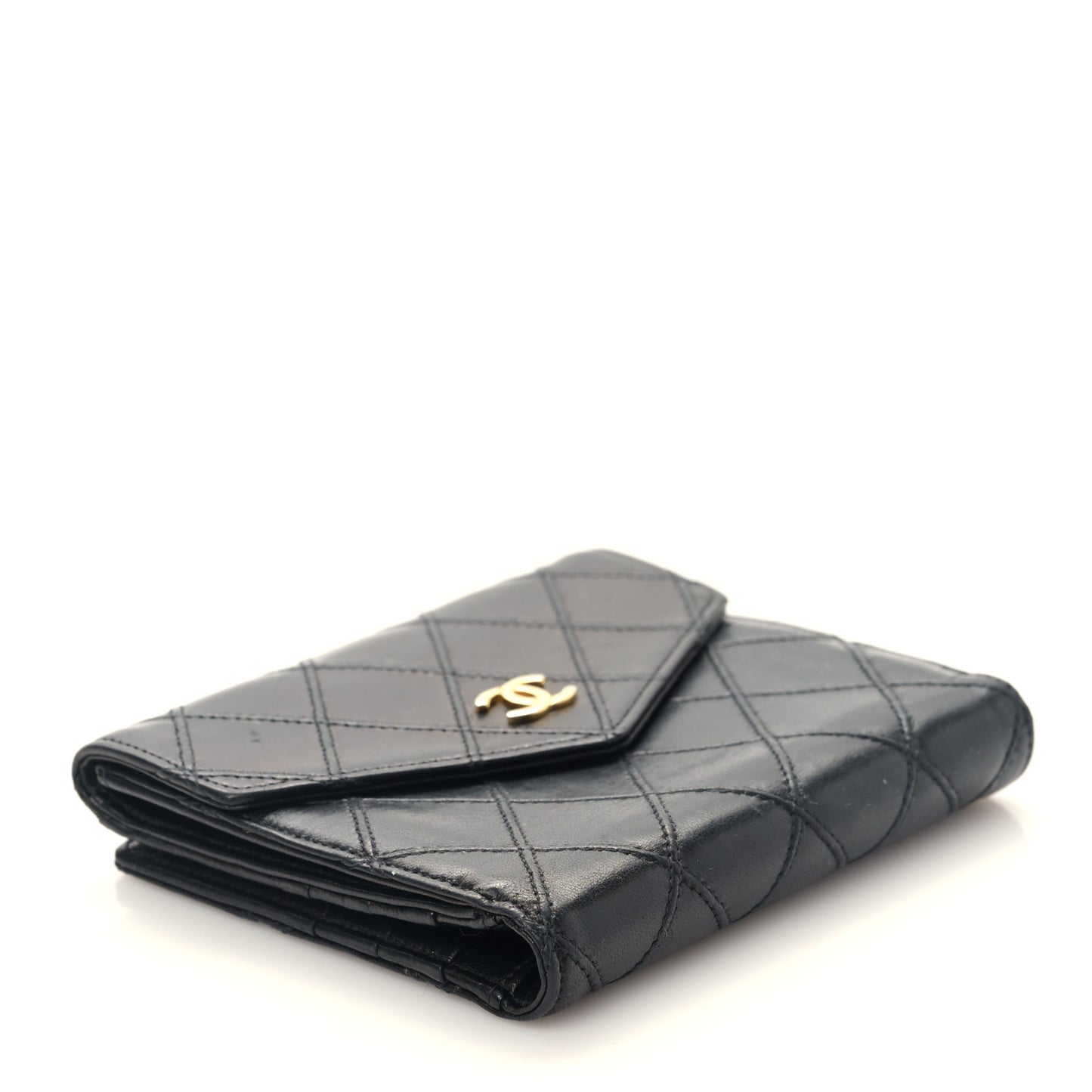 Calfskin Diamond Stitched Compact Wallet Black
