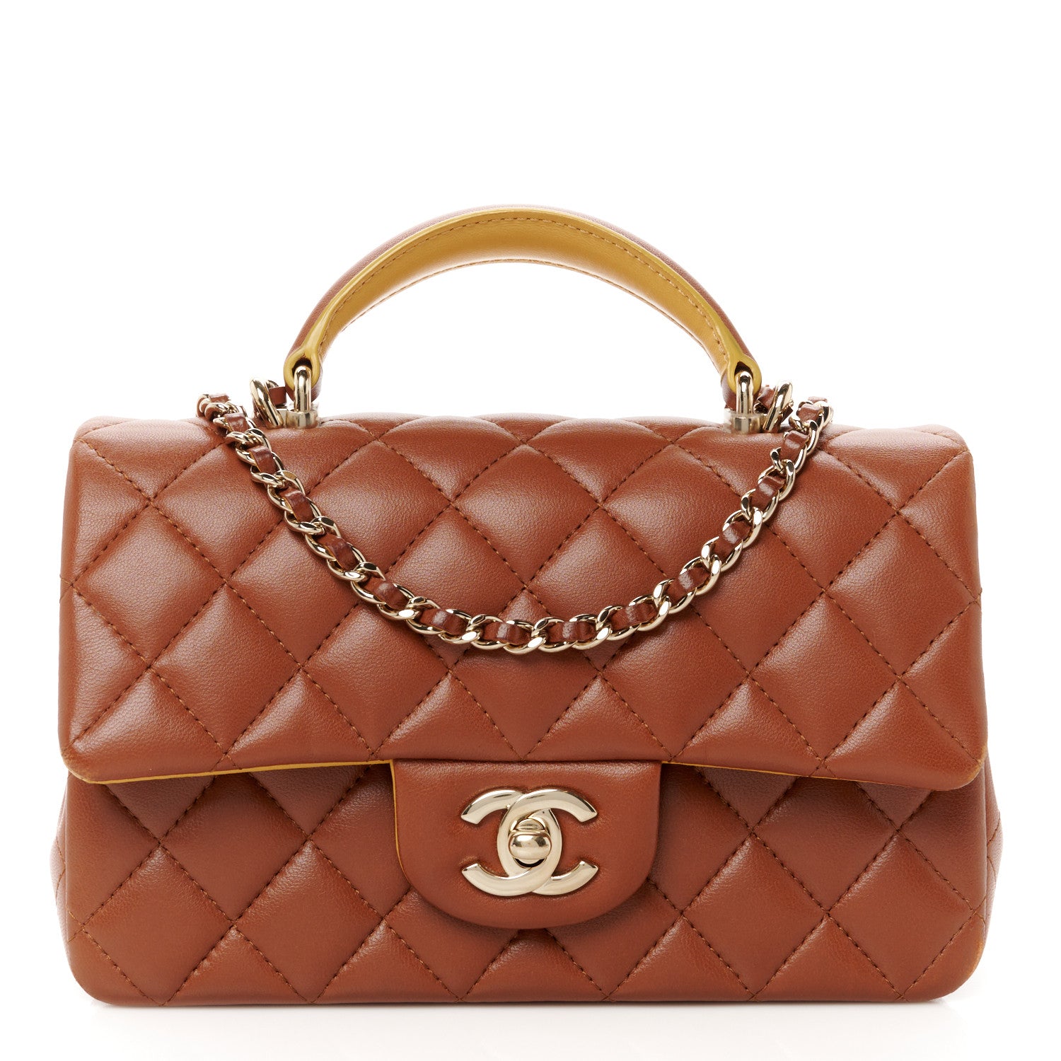 Chanel Lambskin Quilted Bi-Color Mini Top Handle Rectangular Flap Light Brown Yellow 1 of 12