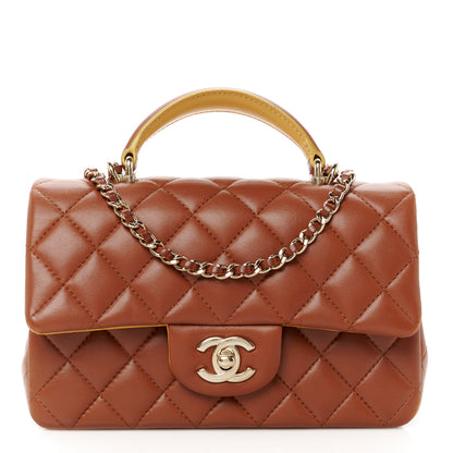 Chanel Lambskin Quilted Bi-Color Mini Top Handle Rectangular Flap Light Brown Yellow 1 of 12