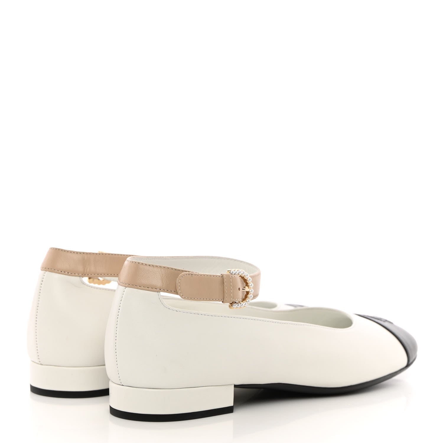 Chanel Lambskin Pearl Cap Toe CC Ankle Strap Flats 38 White Black Beige 4 of 9