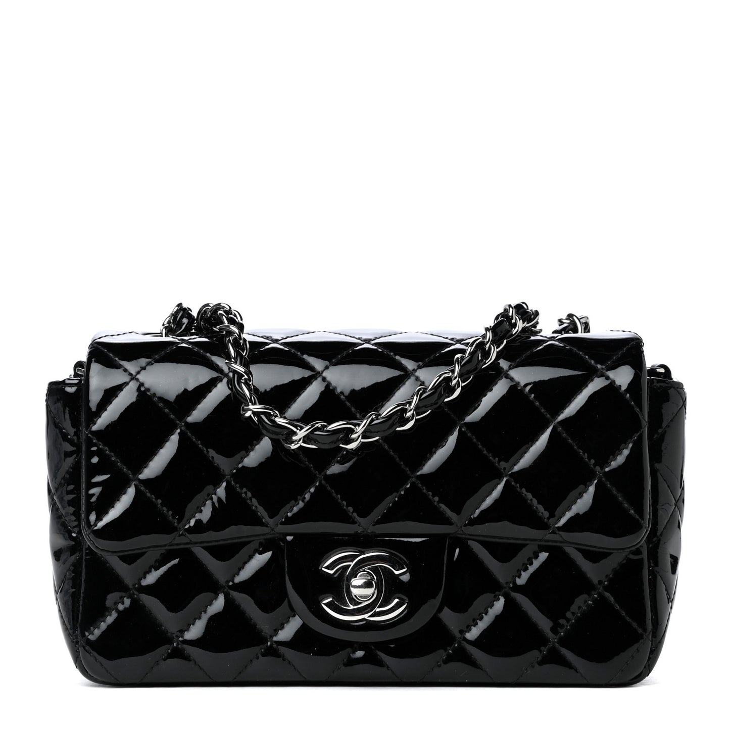 Patent Calfskin Quilted Mini Rectangular Flap Black