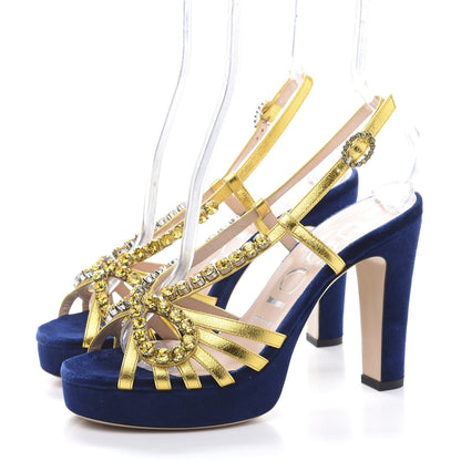 Gucci Velvet Nappa Crystal Zephyra Slingback Platform High Heel Sandals 37 Blue Gold 3 of 8