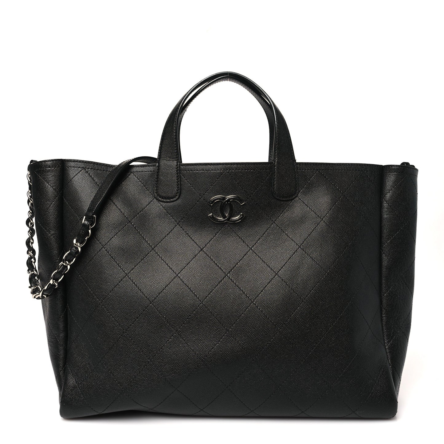 Caviar Stitched Large Lady Coco Shopping Tote Black