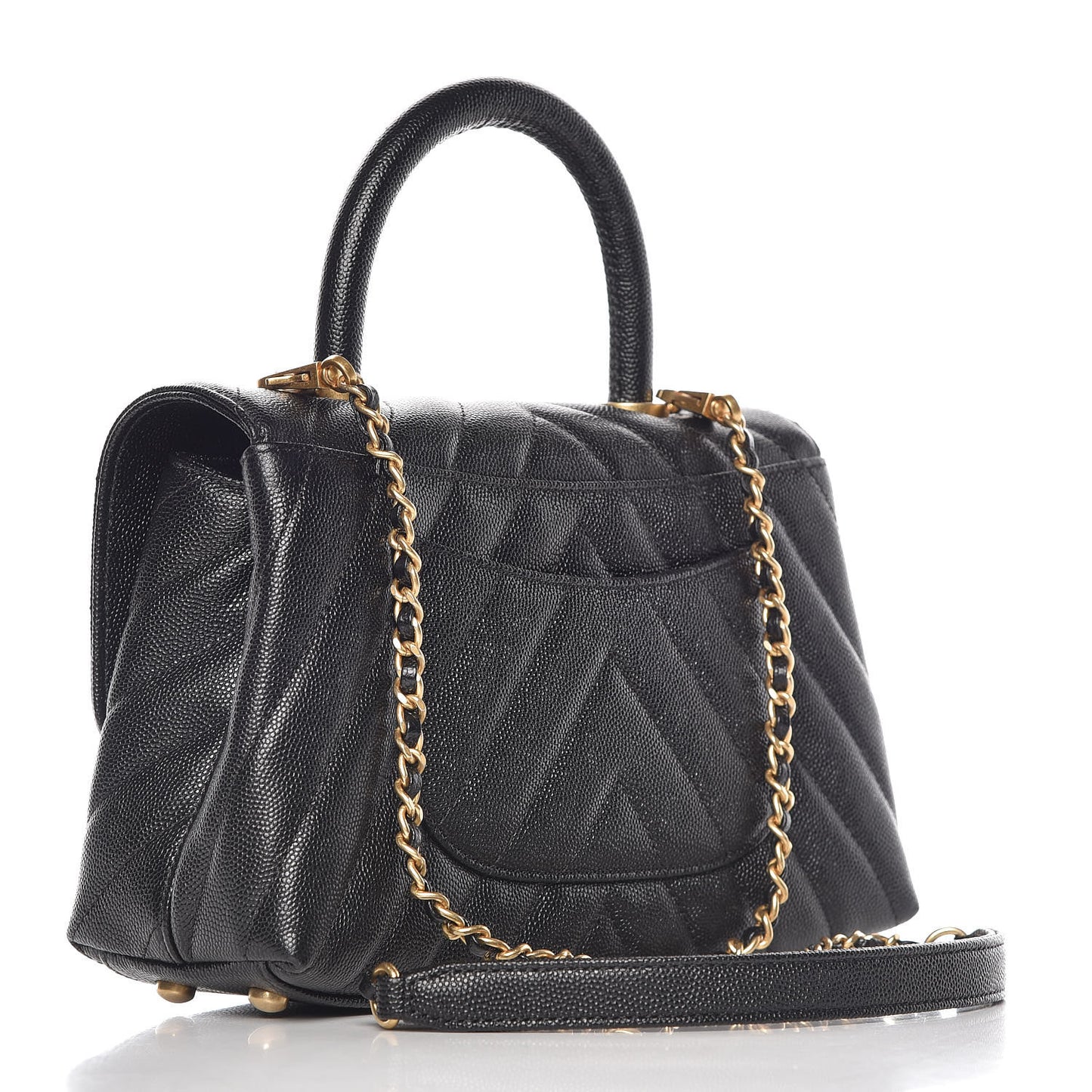 Caviar Chevron Quilted Mini Coco Handle Flap Black