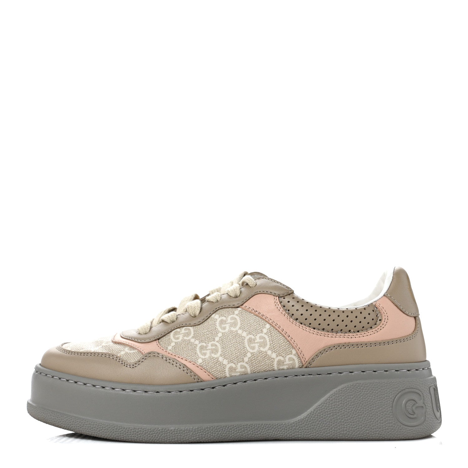 Gucci Calfskin GG Supreme Monogram Perforated Womens Platform 55mm Sneakers 37 Apricot Pink Beige Grey 1 of 8