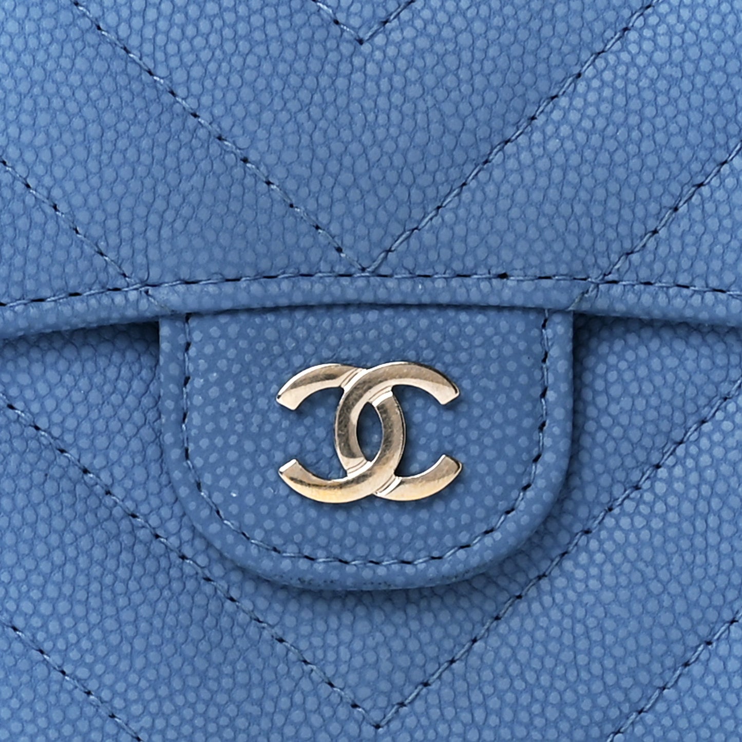 Caviar Flat Chevron Quilted Flap Card Holder Wallet Blue