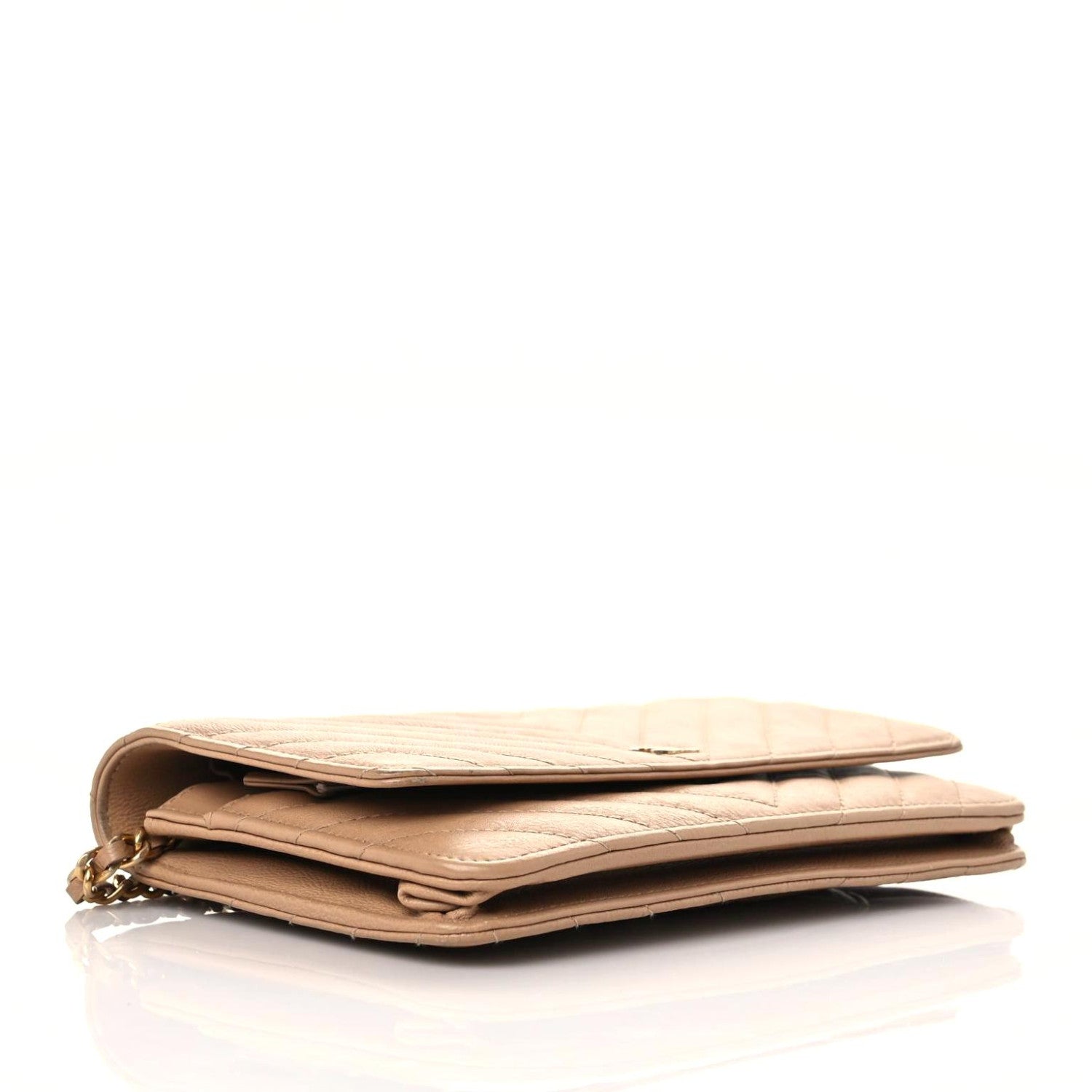 Chanel Calfskin Chevron Quilted Wallet On Chain WOC Beige 3 of 19