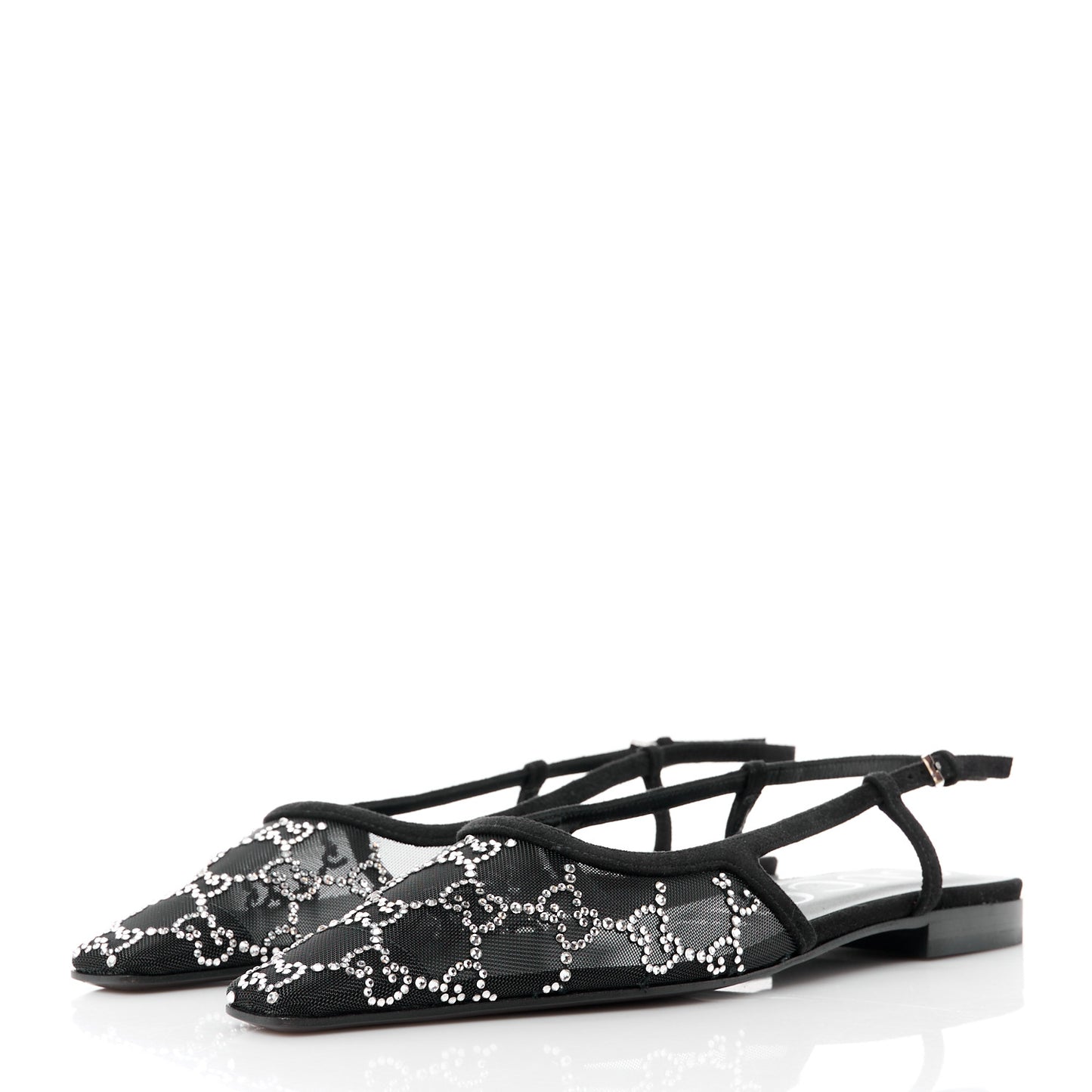 Tela Retino Kid Scamosciato Crystal GG Monogram Square Demi Ballet Flats 37 Black