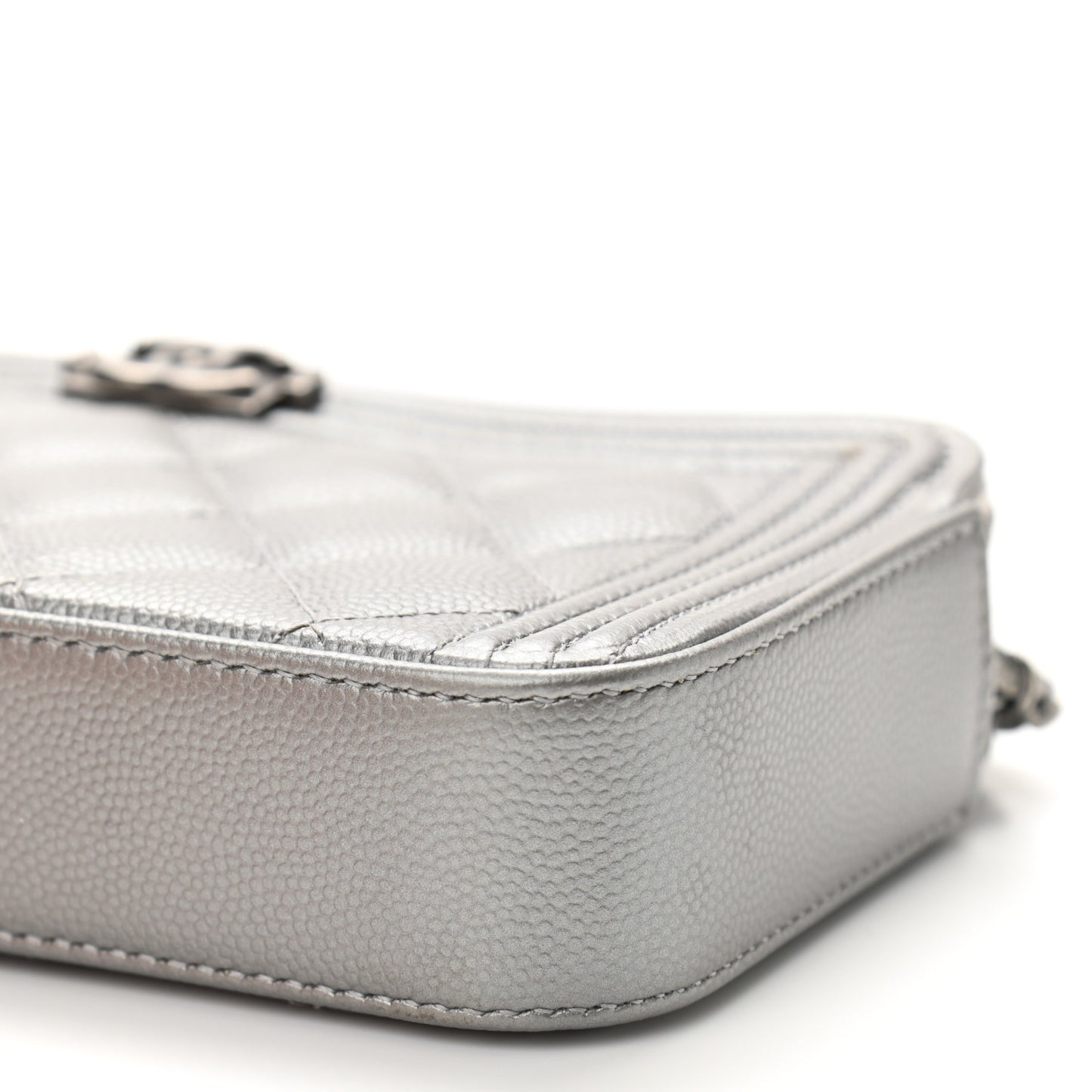 Metallic Caviar Quilted Small Boy Clutch With Chain Silver