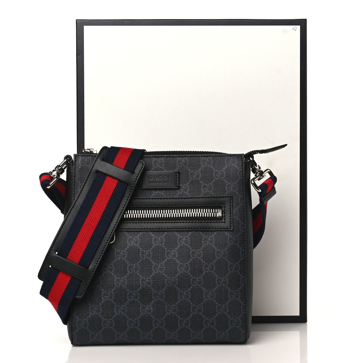 GG Supreme Monogram Web Small Flat Messenger Bag Black Grey