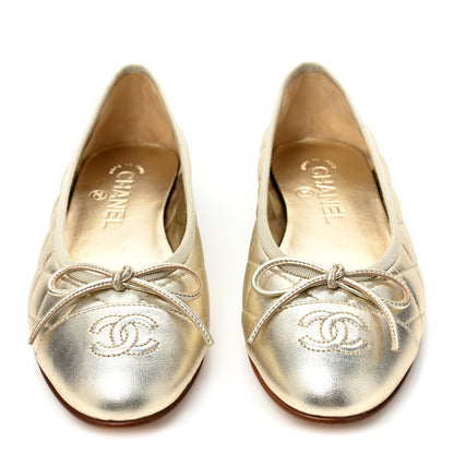 Chanel Metallized Lambskin Quilted CC Cap Toe Ballerina Flats 36 Gold 2 of 9
