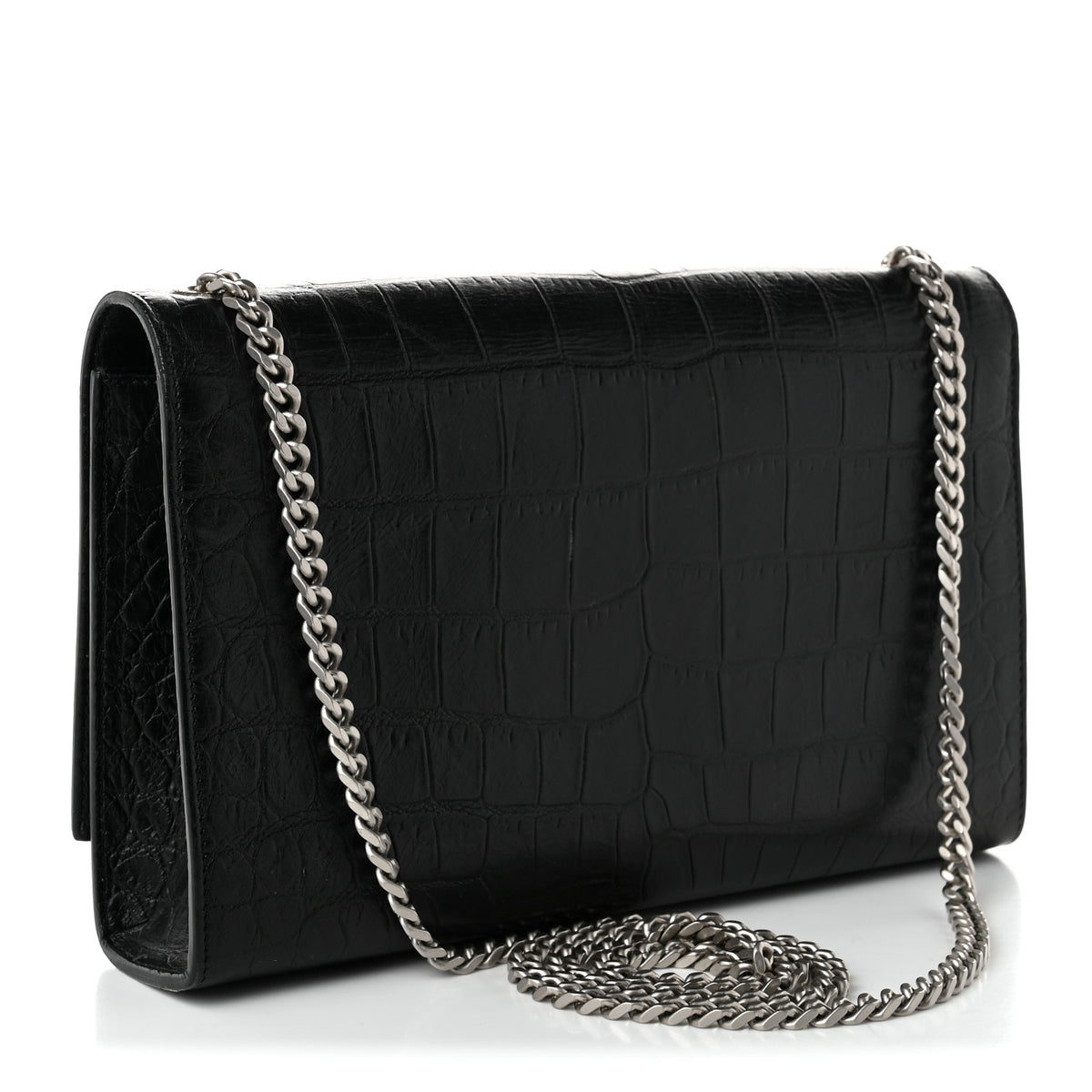 Calfskin Crocodile Embossed Medium Classic Monogram Kate Tassel Satchel Black
