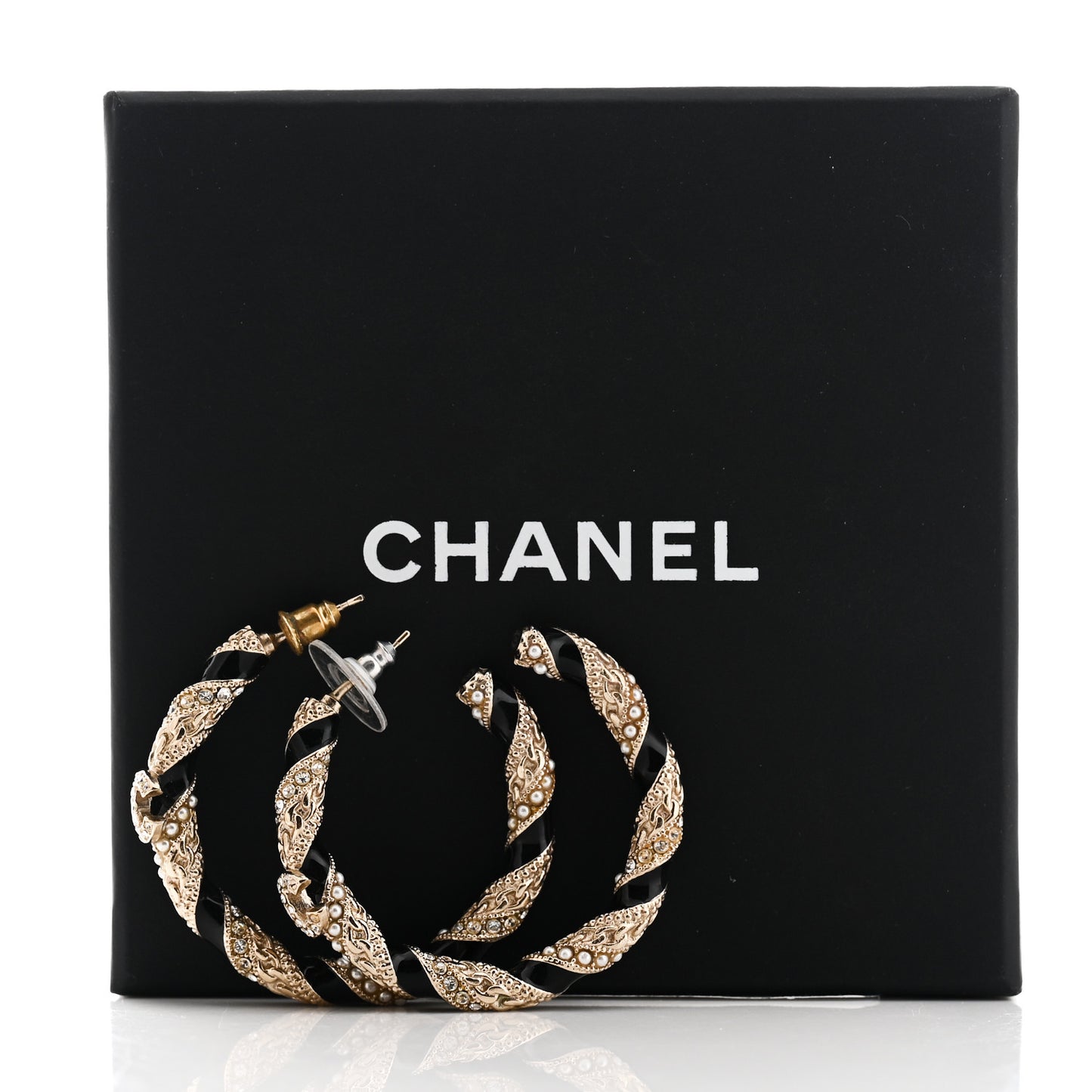 Crystal Pearl Twist CC Hoop Earrings Gold Black