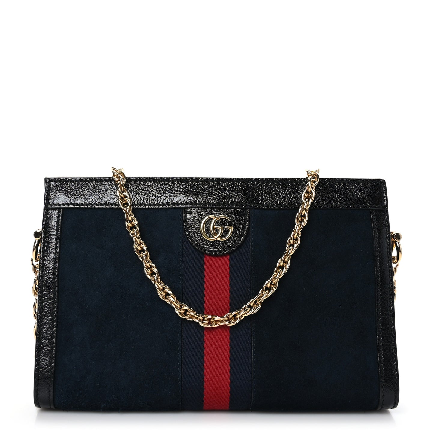 Suede Patent Web Small Ophidia Chain Shoulder Bag Blue Black