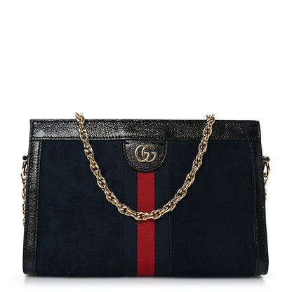 Gucci Suede Patent Web Small Ophidia Chain Shoulder Bag Blue Black 1 of 9