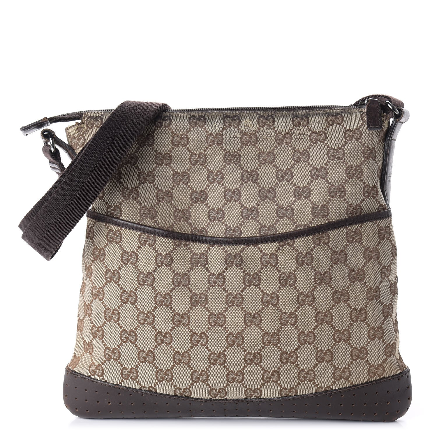 Gucci Monogram Calfskin Perforated Medium Flat Messenger Bag Dark Brown 1 of 11