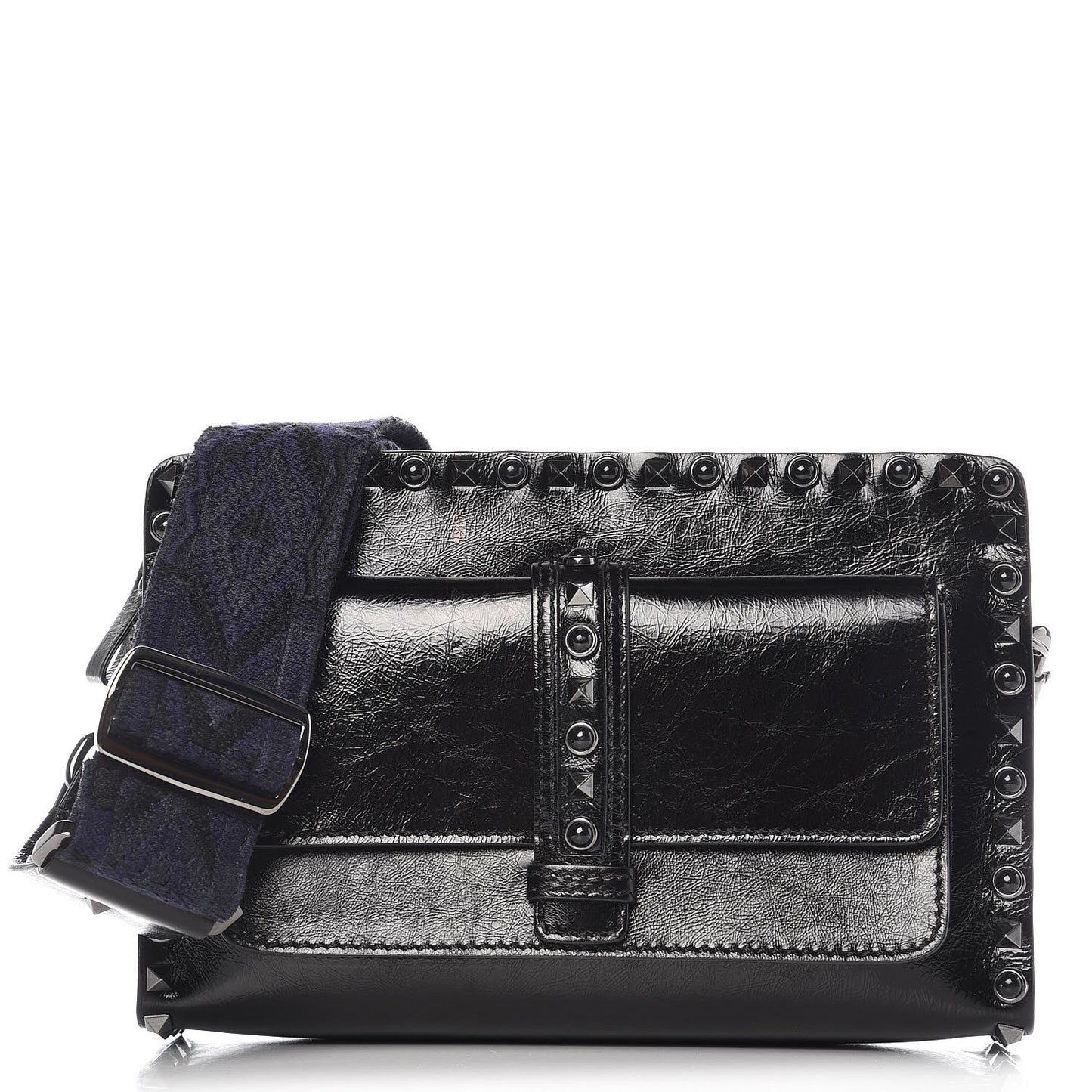 Craquele Calfskin Small Guitar Strap Rockstud Rolling Flap Pocket Shoulder Bag Black