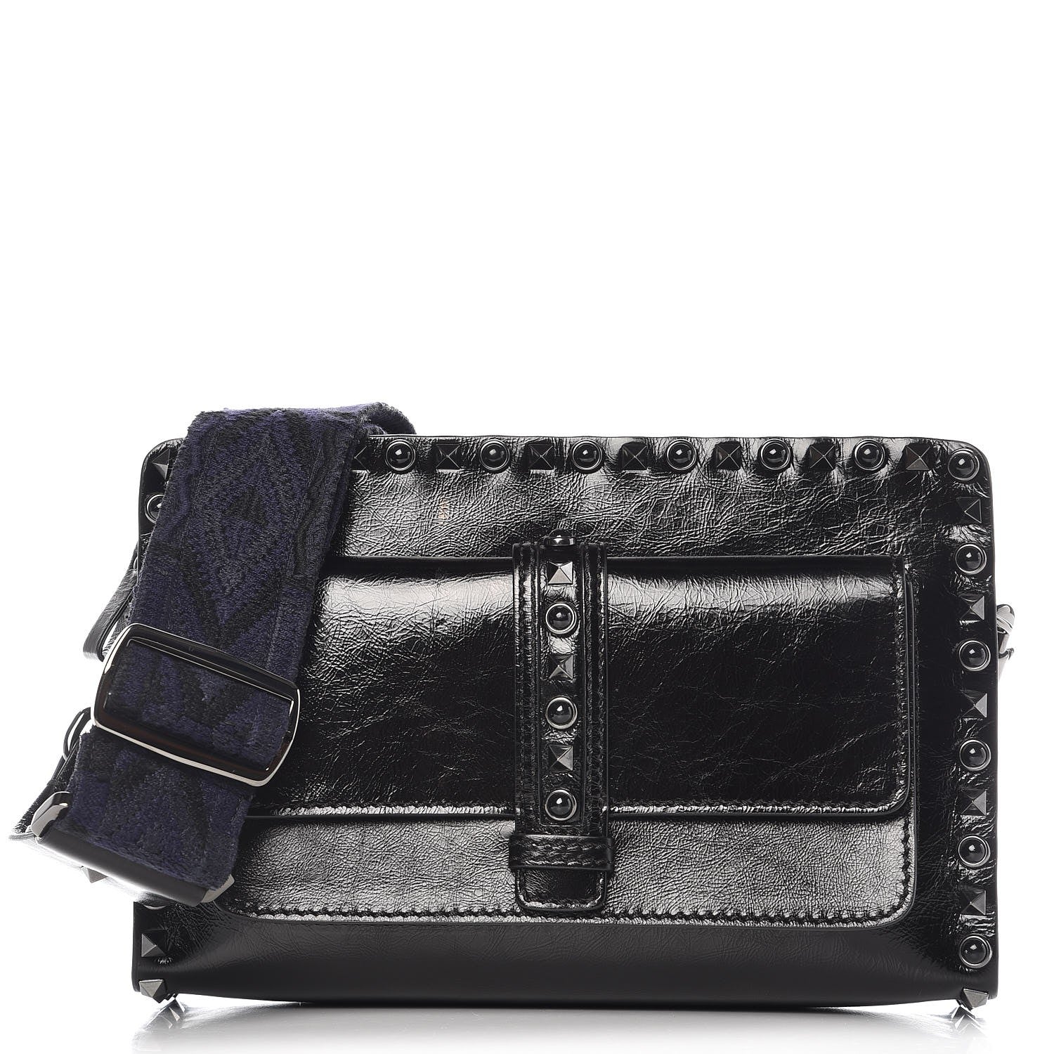Valentino Garavani Craquele Calfskin Small Guitar Strap Rockstud Rolling Flap Pocket Shoulder Bag Black 1 of 9