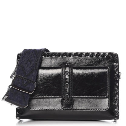 Valentino Garavani Craquele Calfskin Small Guitar Strap Rockstud Rolling Flap Pocket Shoulder Bag Black 1 of 9