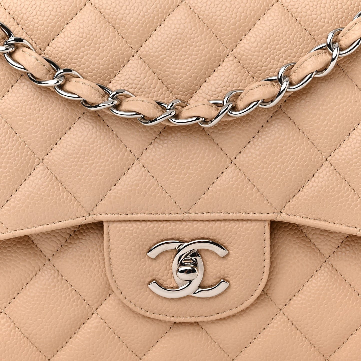 Caviar Quilted Jumbo Double Flap Light Beige