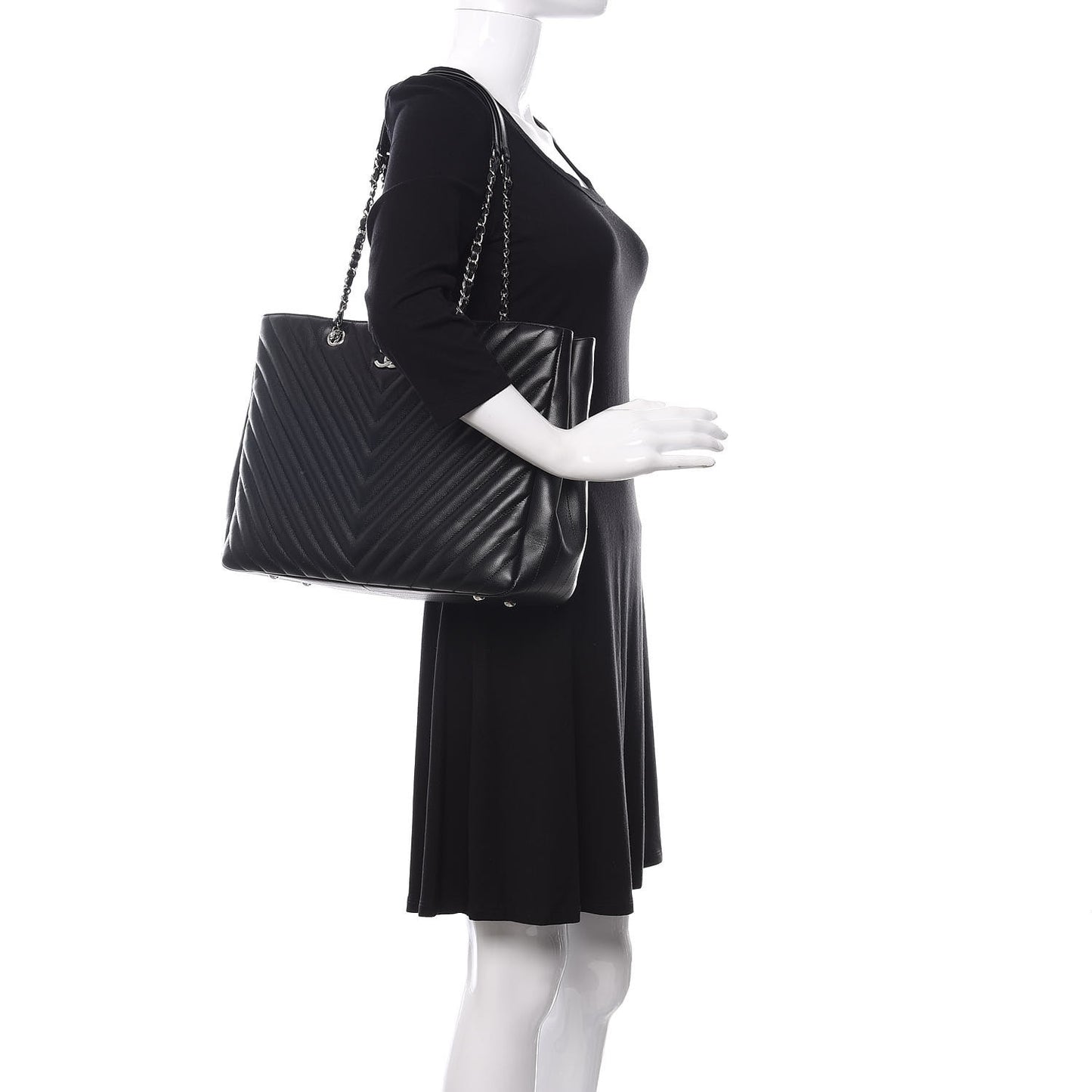 Caviar Chevron Quilted Large Shopping Tote Black