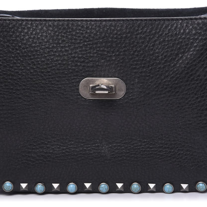Valentino Garavani Pebbled Calfskin Turquoise Medium Guitar Strap Rockstud Rolling Flap Saddle Bag Black 7 of 10