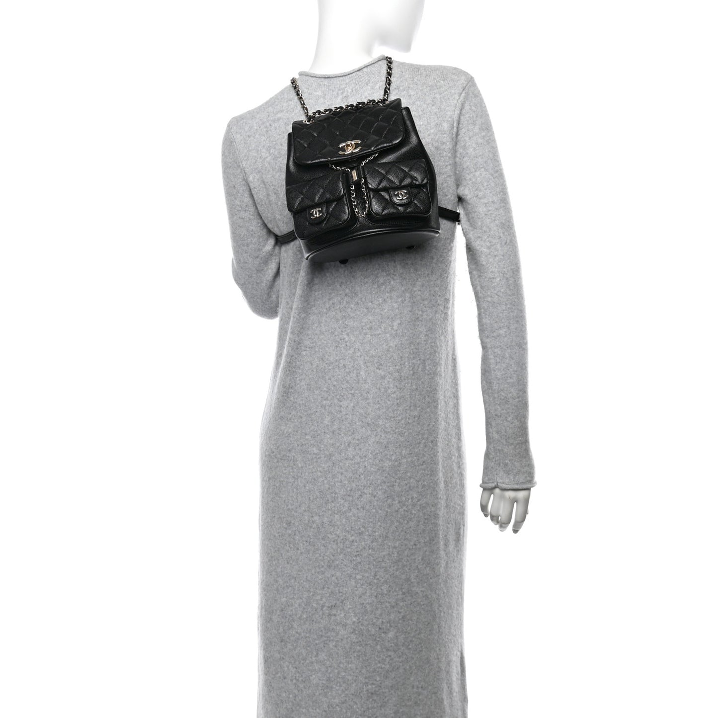 Shiny Caviar Quilted Medium Duma Pockets Drawstring Backpack Black