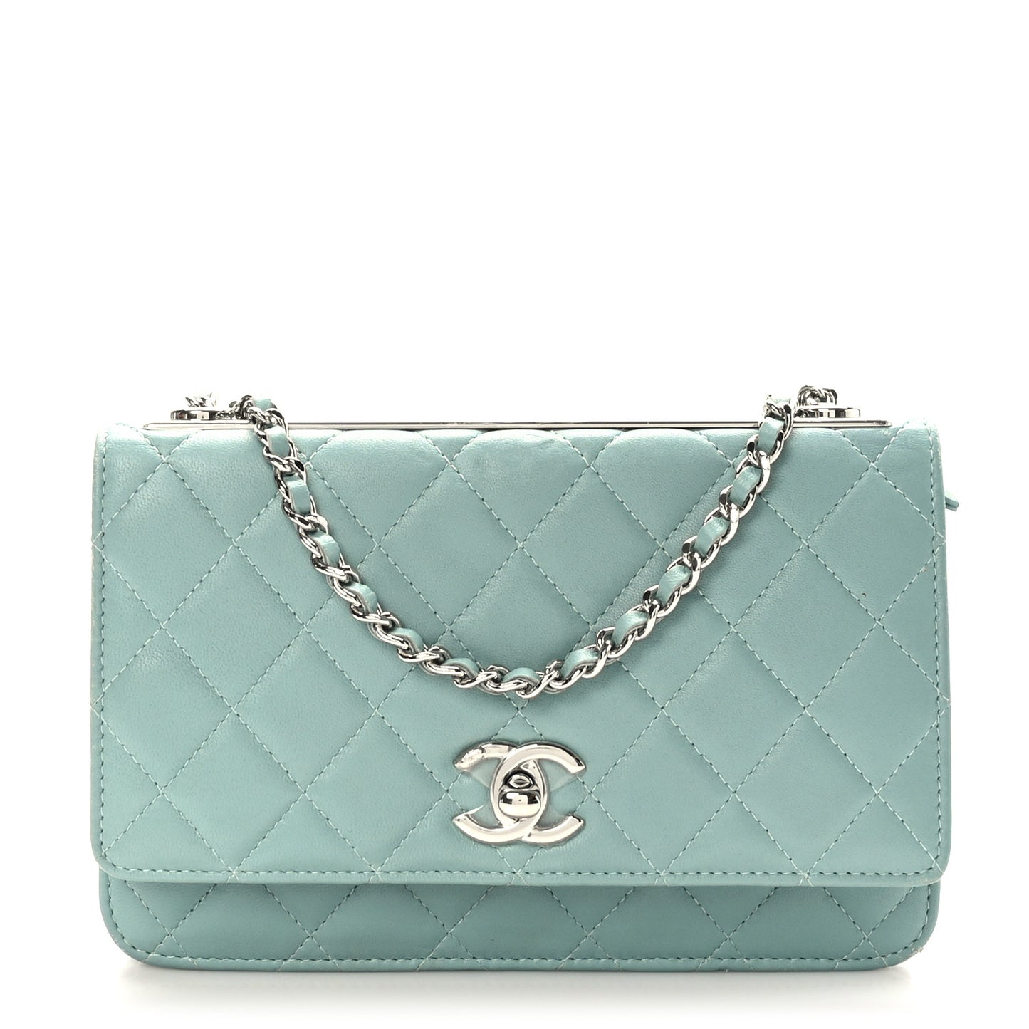 Lambskin Quilted Trendy CC Wallet On Chain WOC Light Blue