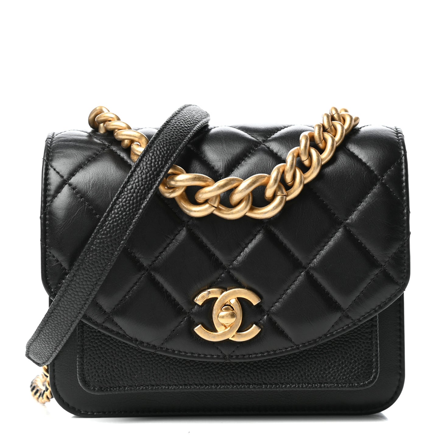 Calfskin Caviar Quilted Mini Chain Handle Flap Black